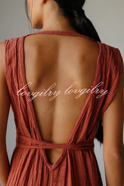 Resort Style V-neck Tie Pleated Casual Jumpsuit