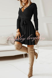 Pioe V Neck Pleated Knit Lace Up Mini Dress