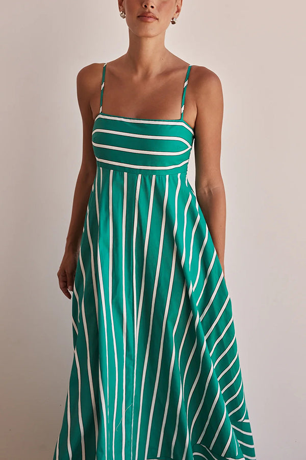 Stripe Print Sling Backless Pleated Maxi Dress