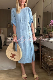 Ultra-comfortable Linen Blend Half Sleeve Front Button Detail Relaxed Pocket Midi Dress