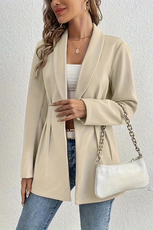 Solid Color Lapel Long Sleeve Elegant Pleated Waist Blazer