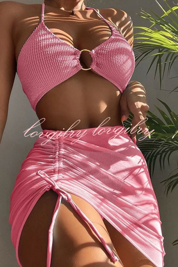 Commuting Style Suspender Pleated Hoop Three Pieces Swimsuit Set