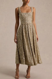 Effortless Sparkle Sequin Square Neck Wide Strap A-Line Midi Dress