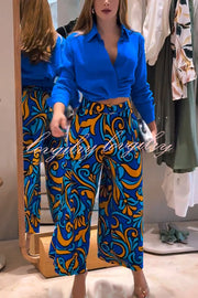 Ocean Heart Linen Blend Printed Ruched Hem Blouse and Belted High Rise Pocket Loose Pants Set