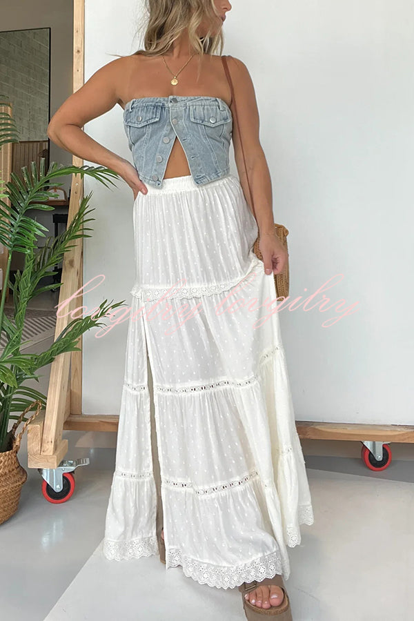 Fashion Lace Splicing Elastic Waist Loose High Slit Maxi Skirt