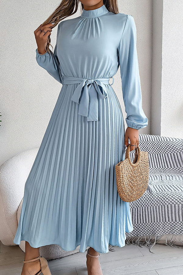 Elegant Stand-collar Long-sleeve Waisted Tie-up Pleated Midi Dress