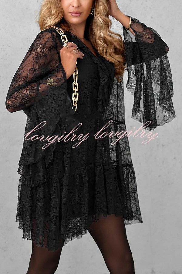 Feeling Lighthearted Lace Ruffle Neck Bell Sleeve Layered Hem A-line Mini Dress