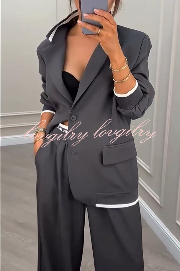 Fashion Sports Style Ribbed Colorblock Lapel Blazer and Elastic Waist Pocket Loose Pants Set
