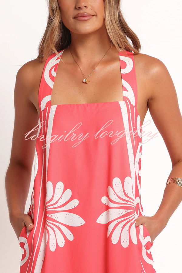 Unique Print Square Neck Open Back Tie Bow Holiday Maxi Dress