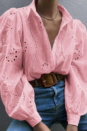 Fashion Hollow Puff Sleeve Casual Lapel Loose Shirt