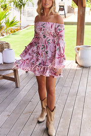 Floral Print Off The Shoulder Pleated Bell Sleeve Fitted Mini Dress