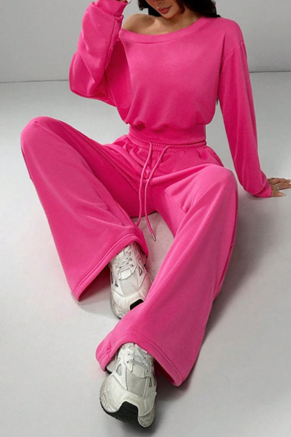 Solid Color Loose Long-sleeved Short Top and Elastic Waist Casual Pocket Wide-leg Pants Set