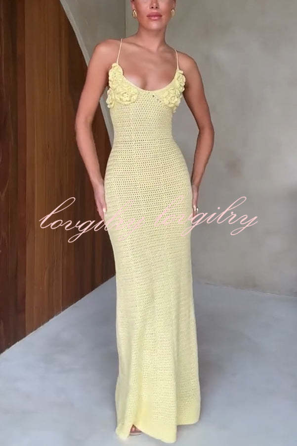 Olivia Crochet Knit Rose Texture Backless Stretch Maxi Dress