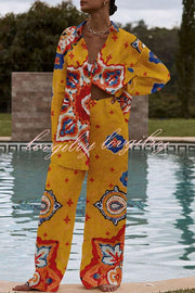 Exotic Unique Printed Buttoned Elastic Waist Pant Suit