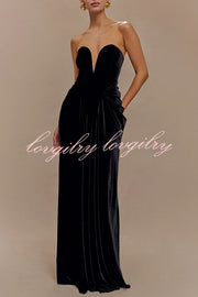 Paige Velvet Off Shoulder Side Pleated Hip Drape Maxi Dress