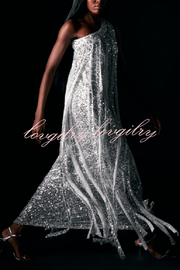 Holiday Muse Sequined Slit Tassels One Shoulder H-line Maxi Dress
