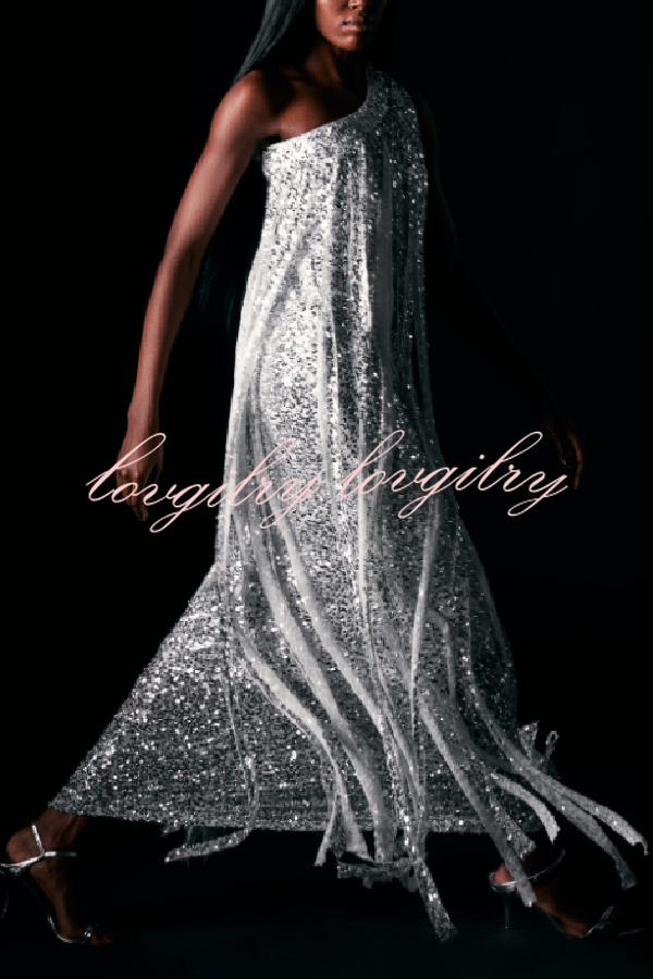 Holiday Muse Sequined Slit Tassels One Shoulder H-line Maxi Dress
