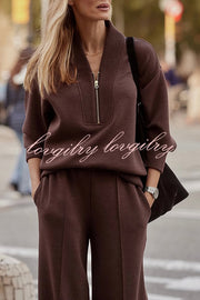 Meet The Autumn Ribbed Zipper Neck Sweatshirt and Elastic Waist Pocketed Loose Pants Set