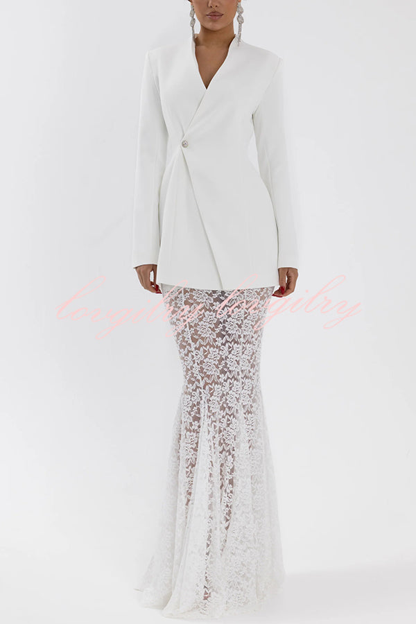Poetic Muse Stand V-neck Rhinestone Button Up Long Sleeve Blazer