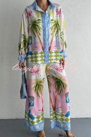 Holiday Style Print Loose Long Sleeve Shirt and Elastic Waist Loose Pocket Wide Leg Pants Set