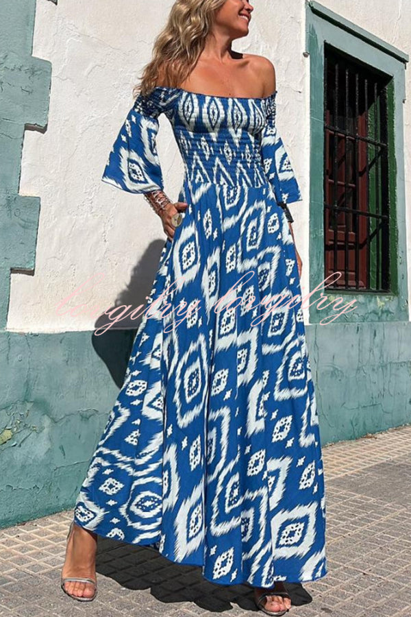 Close To The Vacation Ethnic Print Smocked Off Shoulder Pocketed Maxi Dress