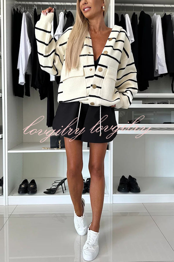 Fashion and Comfort Knit Striped Button Up Pocket Hoodie Cardigan