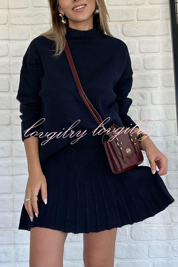 Solid Color Casual Preppy Knit Top and Knit Stretch Pleated Mini Skirt Set