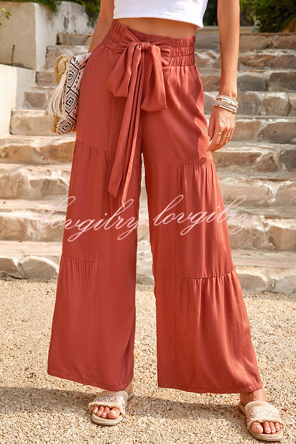 Rustic Patchwork Lace Up Pleated Wide Leg Pants