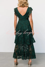 Lace V-neck Ruffled Sleeves Cinched Waist Maxi Dress