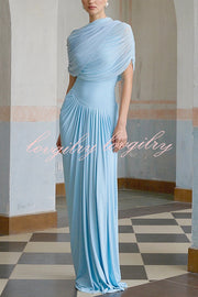 Elegant Mesh Cape-style Pleated Draped Maxi Dress