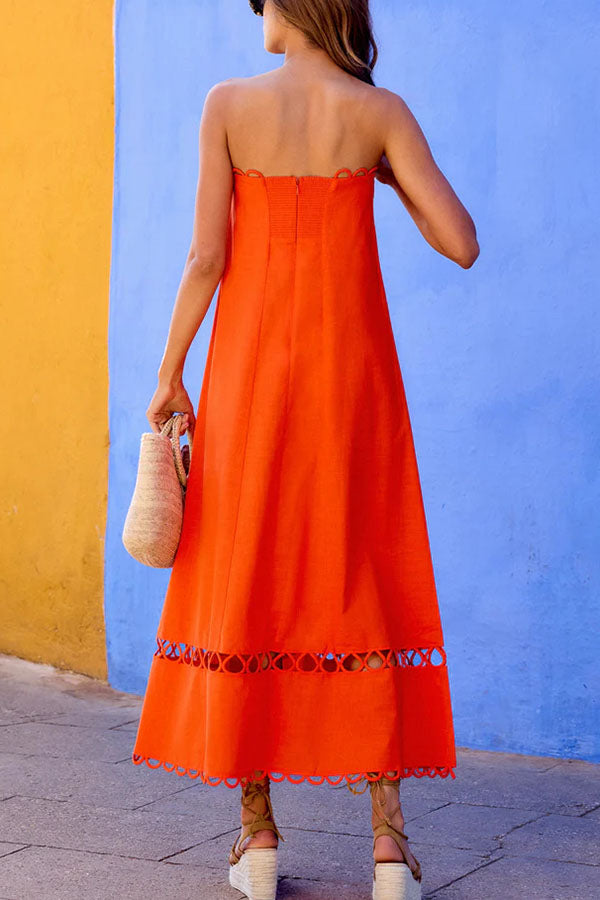 Gina Linen Blend Scallop Cutout Trim Strapless A-line Midi Dress