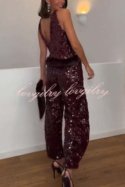 Gala Goddess Sequin High Rise Zipper Waist Wide Leg Pants