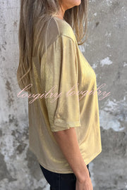 Metallic Solid Color Round Neck Short-sleeved Loose T-shirt