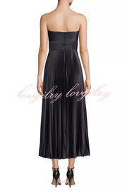 Love Note Satin Sweetheart Twist Off Shoulder Pleated Maxi Dress