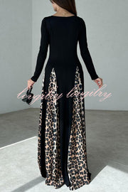 Marino Panelled Leopard Tulle Square Neck Long Sleeve A-line Maxi Dress