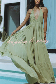 Laelia Linen Blend Halter Backless Slit Cover Up Maxi Dress