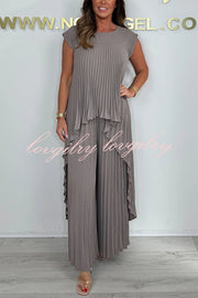 Laney Pleated Short Sleeve Irregular Midi Top and Elastic Waist Wide Leg Pants Set