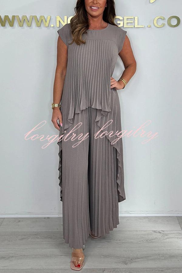Laney Pleated Short Sleeve Irregular Midi Top and Elastic Waist Wide Leg Pants Set