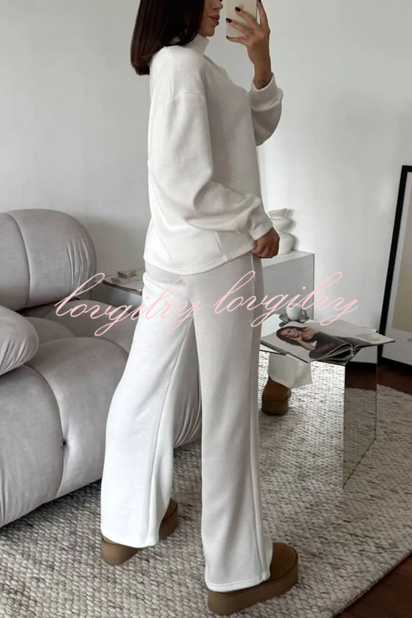 Solid Color Casual Knitted High Neck Long Sleeve Top and Elastic Waist Loose Pants Set