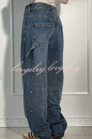 Fashionable Rhinestone Mid-rise Loose Pocket Straight Jeans