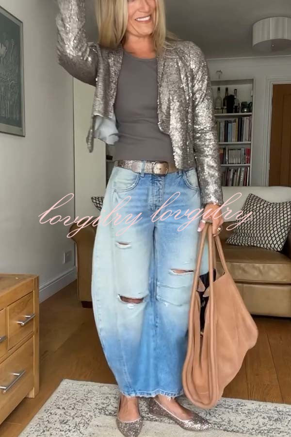 A Shining Day Sequin Long Sleeve Cropped Lapel Jacket