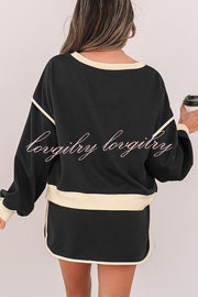 Fashion Round Neck Long Sleeve Spliced Casual Top and Elastic Waist Loose Shorts Set