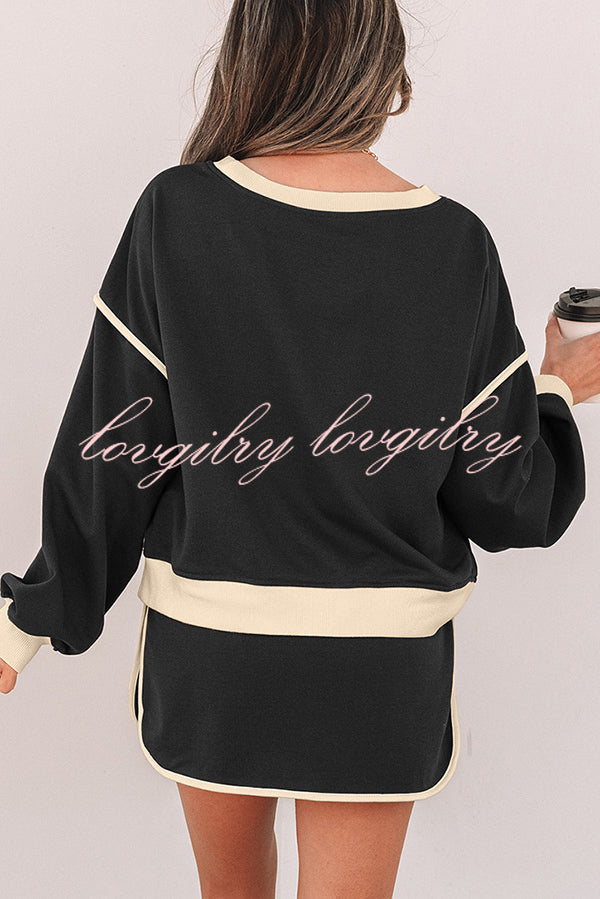 Fashion Round Neck Long Sleeve Spliced Casual Top and Elastic Waist Loose Shorts Set