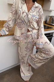 Calm Seas Line Octopus Unique Print Loose Shirt and Elastic Waist Pocketed Pajama Set