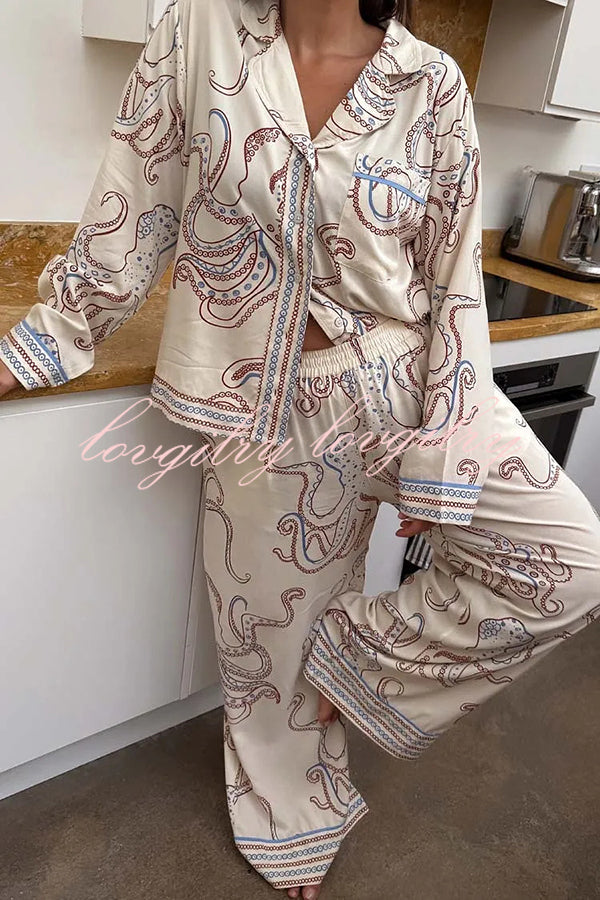 Calm Seas Line Octopus Unique Print Loose Shirt and Elastic Waist Pocketed Pajama Set