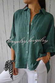 Linen Blend Solid Color Tie Back Loose Shirt Top