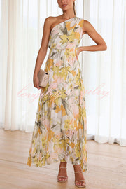 Saw An Angel Floral One Shoulder Elastic Waist Pleated Maxi Dress