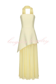 Monaco Off Shoulder Structured Top Chiffon Slit Hem Scarf Maxi Dress