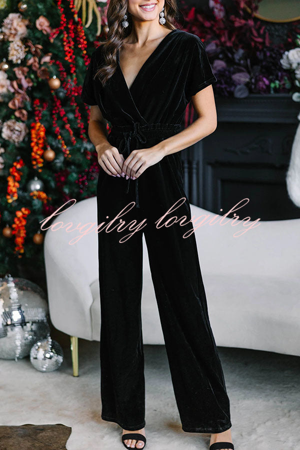 Holiday Star Velvet Lace Up Pocket Wide Leg Jumpsuit