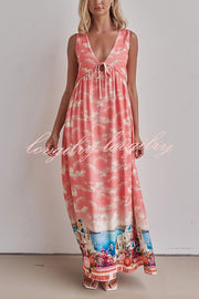 Resort Style Unique Printed Sleeveless V-neck Casual Maxi Dress